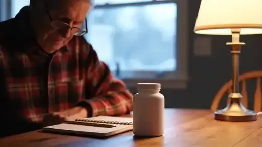 A man in his sixties at a kitchen table under a lamp, turning a white supplement bottle to read the back and writing a figure in a notebook