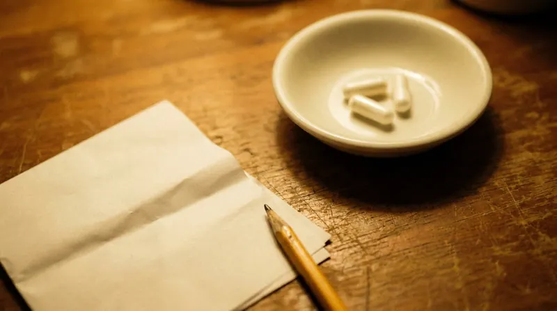 Two white capsules in a small white dish beside a folded slip of paper and a pencil tip on a wooden table