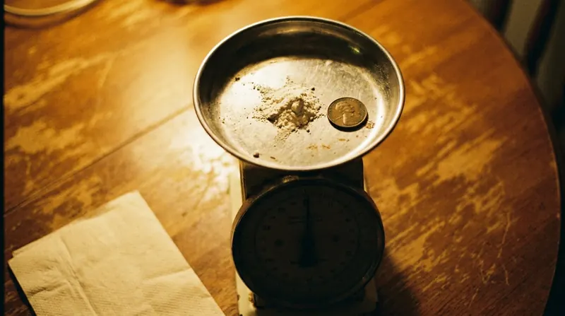 A tiny heap of pale powder on a kitchen scale pan with a coin beside it for scale