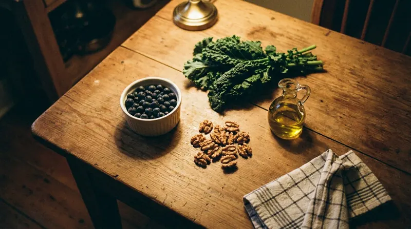 Blueberries, shelled walnuts, leafy greens and a small cruet of olive oil arranged on a wooden kitchen table