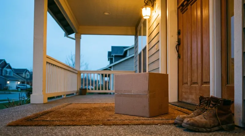 A plain brown cardboard parcel on a doormat at a suburban front door at dusk under a porch light