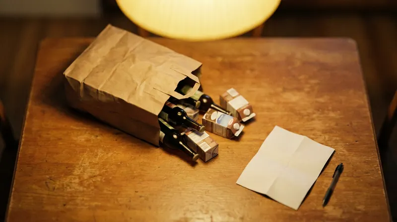 A brown paper bag on its side on a kitchen table with several plain unlabelled bottles and cartons tipped out beside it