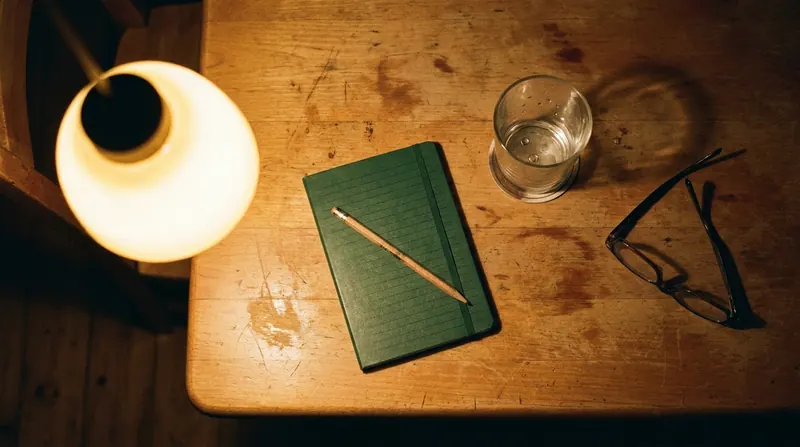 A closed notebook with a pencil across it, an empty glass and folded reading glasses on a kitchen table under a lamp