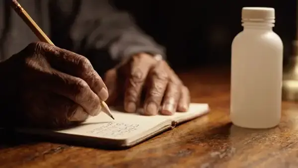 Hands writing a short column of figures in a lined notebook under a lamp, then drawing a line beneath them