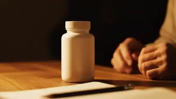 A man's hands lifting a white supplement bottle and turning it a half turn to bring the back panel into view
