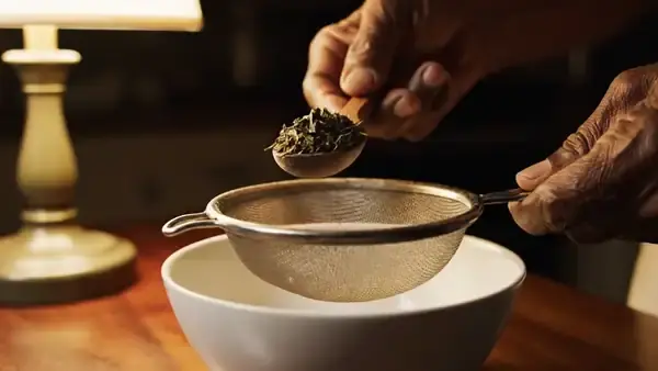 Hands tipping coarse dried leaves into a fine sieve over a white bowl, a fine powder falling through and settling