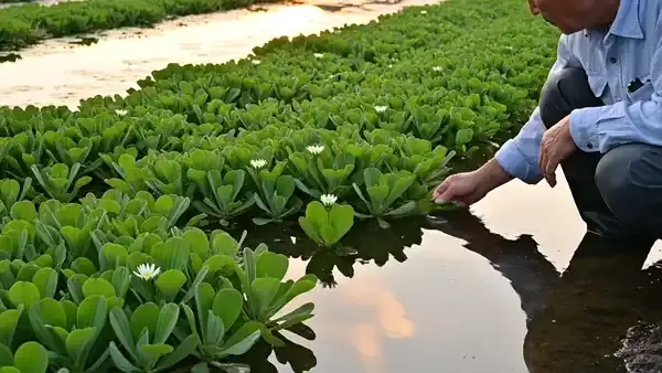 Rows of low green water plants growing in a shallow flooded bed, the water rippling in a light breeze