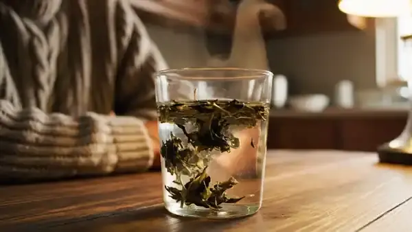 Loose green tea leaves unfurling and sinking in a clear glass of hot water with steam rising