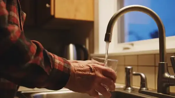 A man in his late sixties filling a plain glass at the kitchen sink, drinking and setting the glass down