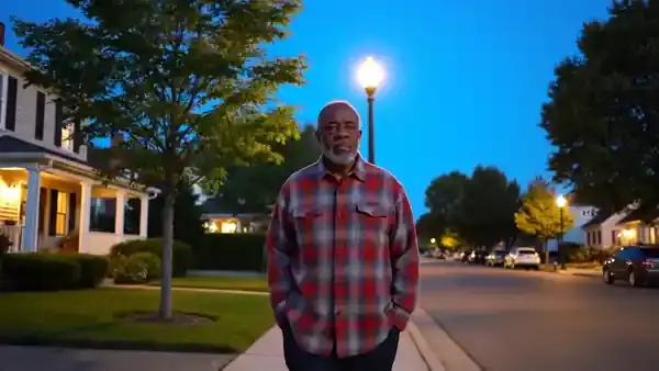 A man in his sixties walking unhurriedly along a quiet residential street in the blue hour of the evening