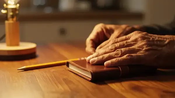 A man's hands closing a notebook, laying a pencil on it and switching off a small table lamp